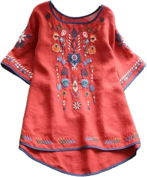 Lastesso Cotton Tops for Women Vintage Jacquard Summer Shirts Casual Linen Flwoer Tops Trendy Fashion Comfy Blouses Clothes