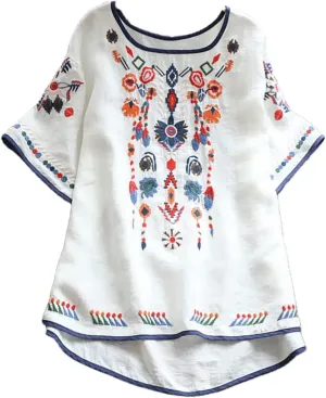 Lastesso Cotton Tops for Women Vintage Jacquard Summer Shirts Casual Linen Flwoer Tops Trendy Fashion Comfy Blouses Clothes