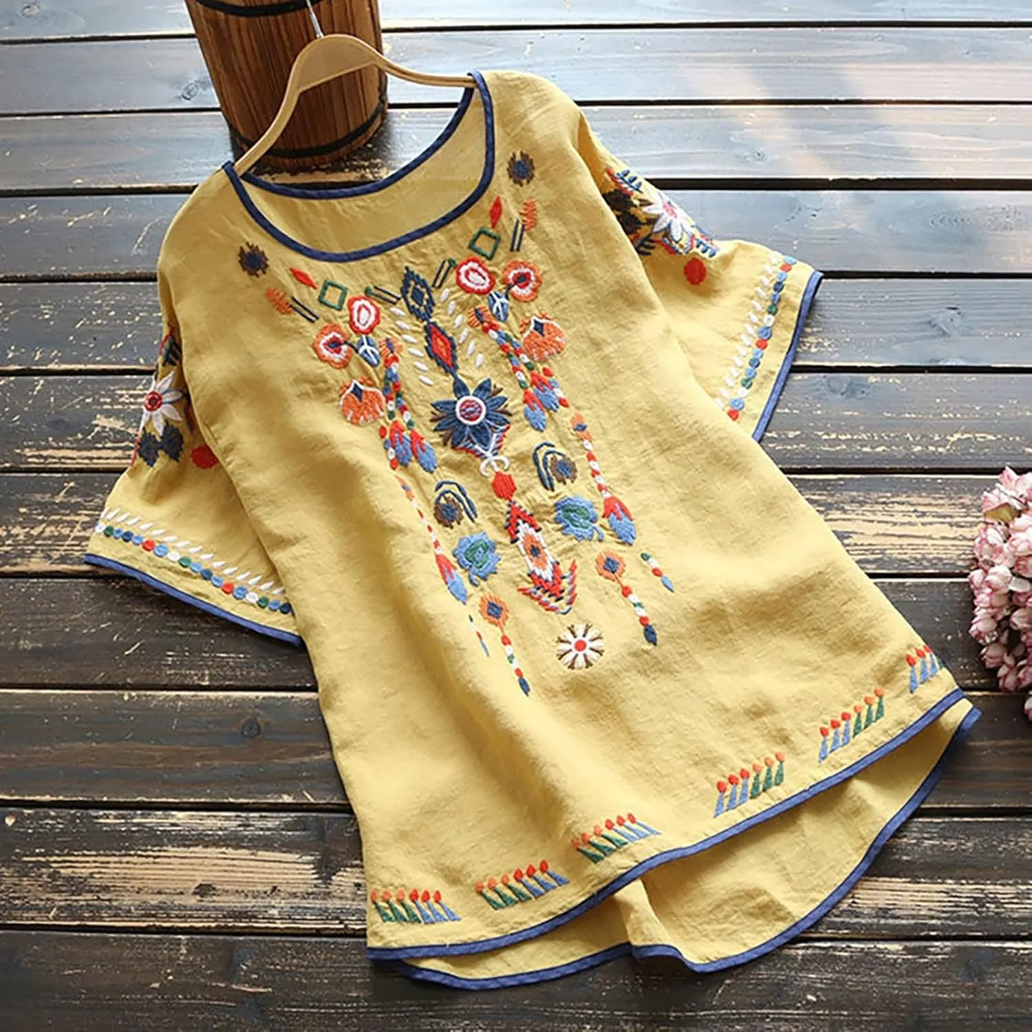 Lastesso Cotton Tops for Women Vintage Jacquard Summer Shirts Casual Linen Flwoer Tops Trendy Fashion Comfy Blouses Clothes