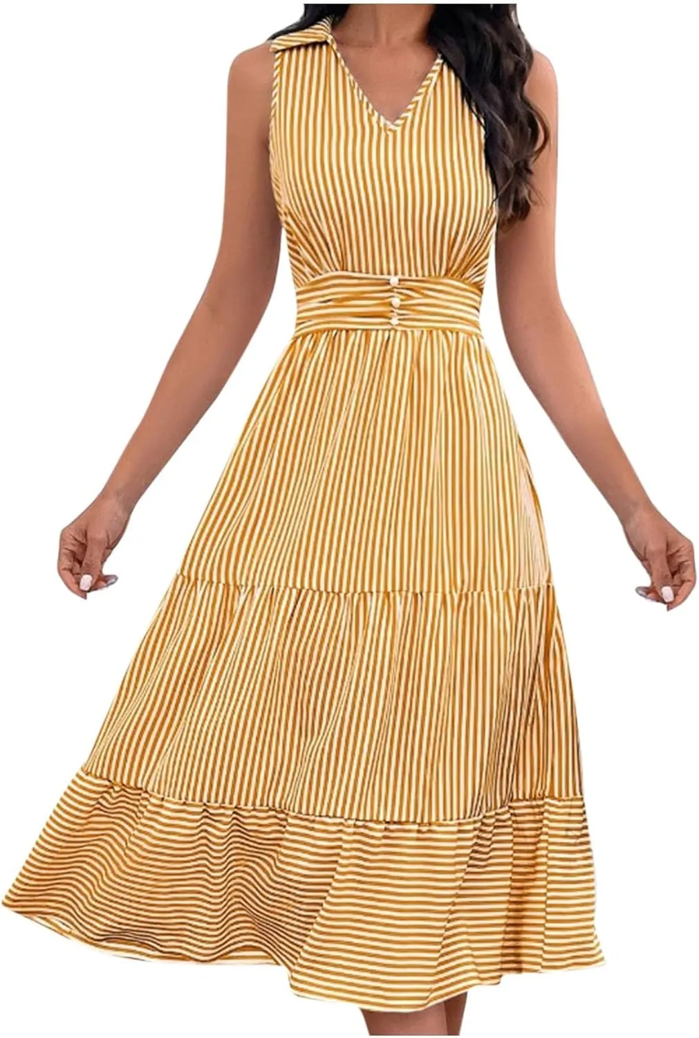 Lastesso Dresses for Women 2024 Casual V Neck Sleeveless Maxi Dress Striped High Waist Summer Dress Cute Wedding Guest Dress