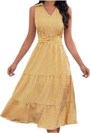 Lastesso Dresses for Women 2024 Casual V Neck Sleeveless Maxi Dress Striped High Waist Summer Dress Cute Wedding Guest Dress