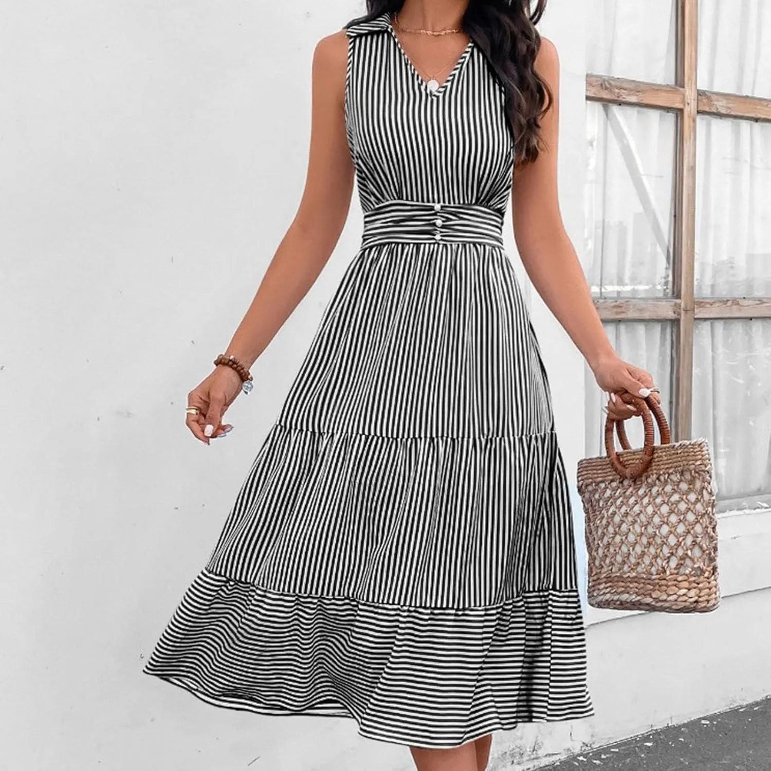 Lastesso Dresses for Women 2024 Casual V Neck Sleeveless Maxi Dress Striped High Waist Summer Dress Cute Wedding Guest Dress