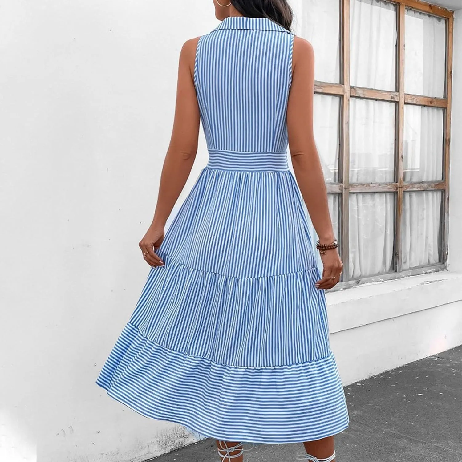 Lastesso Dresses for Women 2024 Casual V Neck Sleeveless Maxi Dress Striped High Waist Summer Dress Cute Wedding Guest Dress
