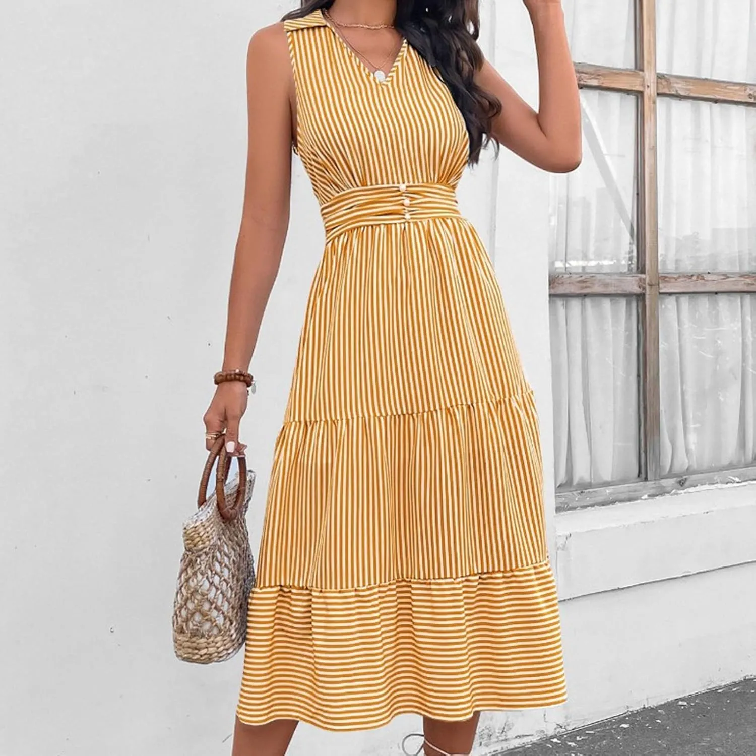 Lastesso Dresses for Women 2024 Casual V Neck Sleeveless Maxi Dress Striped High Waist Summer Dress Cute Wedding Guest Dress
