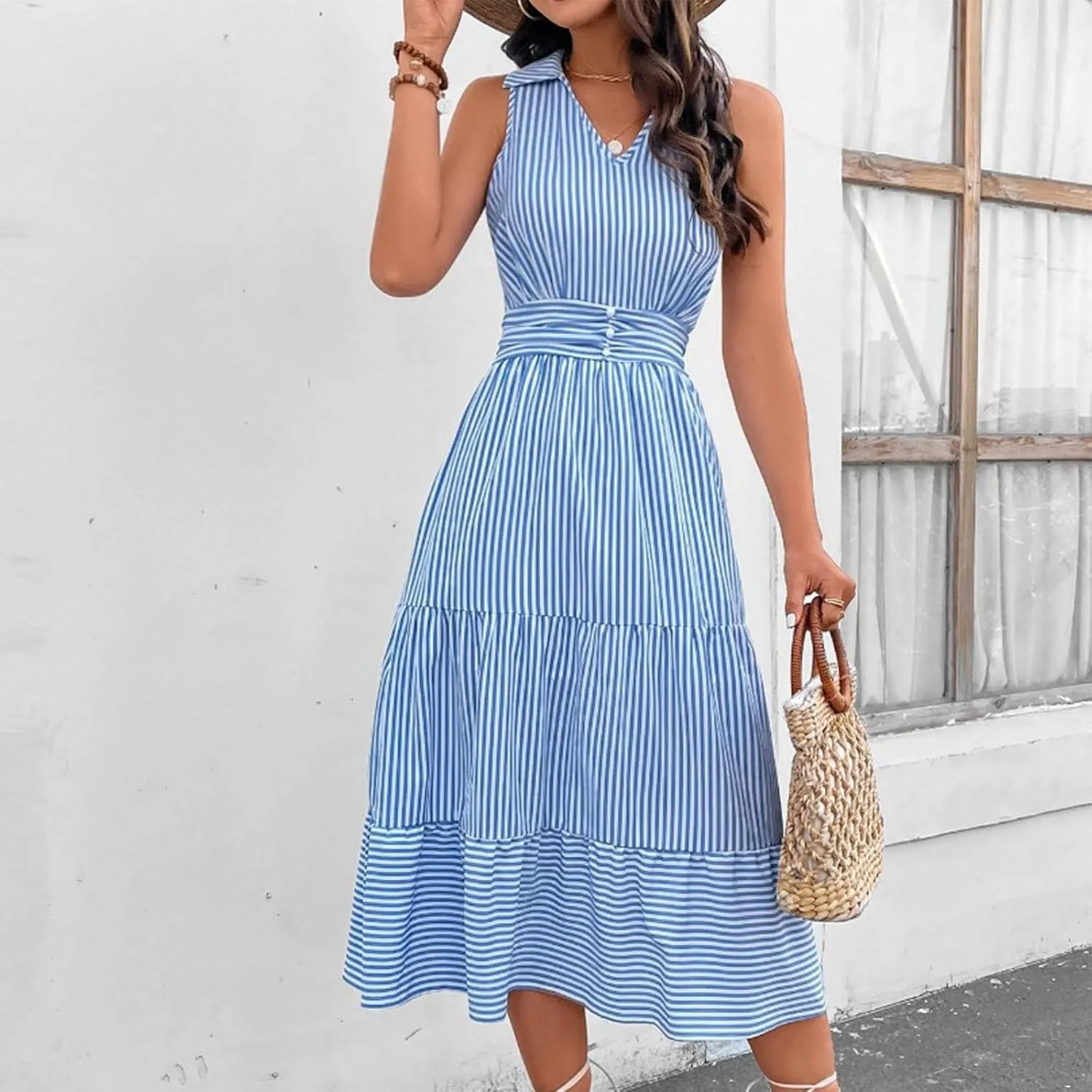 Lastesso Dresses for Women 2024 Casual V Neck Sleeveless Maxi Dress Striped High Waist Summer Dress Cute Wedding Guest Dress