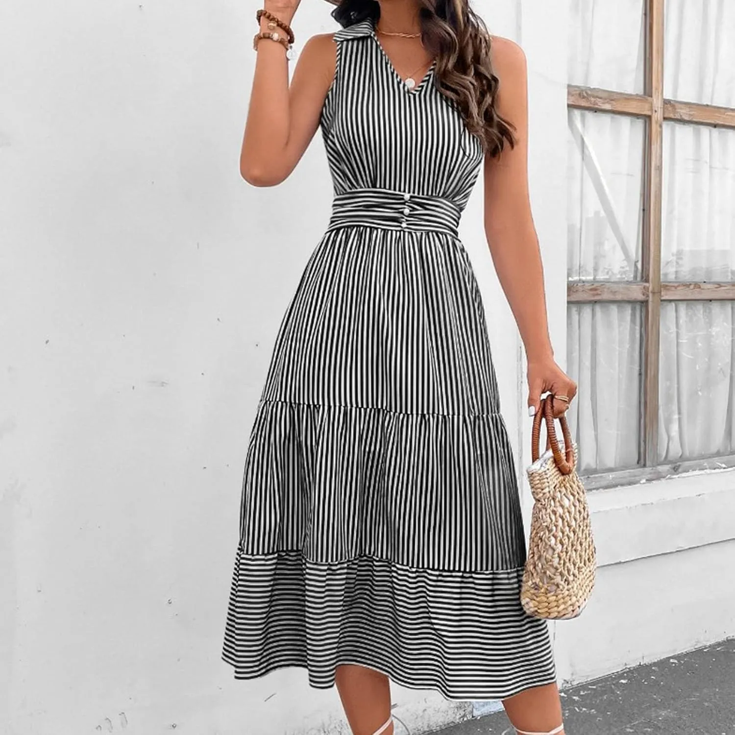 Lastesso Dresses for Women 2024 Casual V Neck Sleeveless Maxi Dress Striped High Waist Summer Dress Cute Wedding Guest Dress
