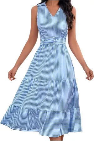 Lastesso Dresses for Women 2024 Casual V Neck Sleeveless Maxi Dress Striped High Waist Summer Dress Cute Wedding Guest Dress