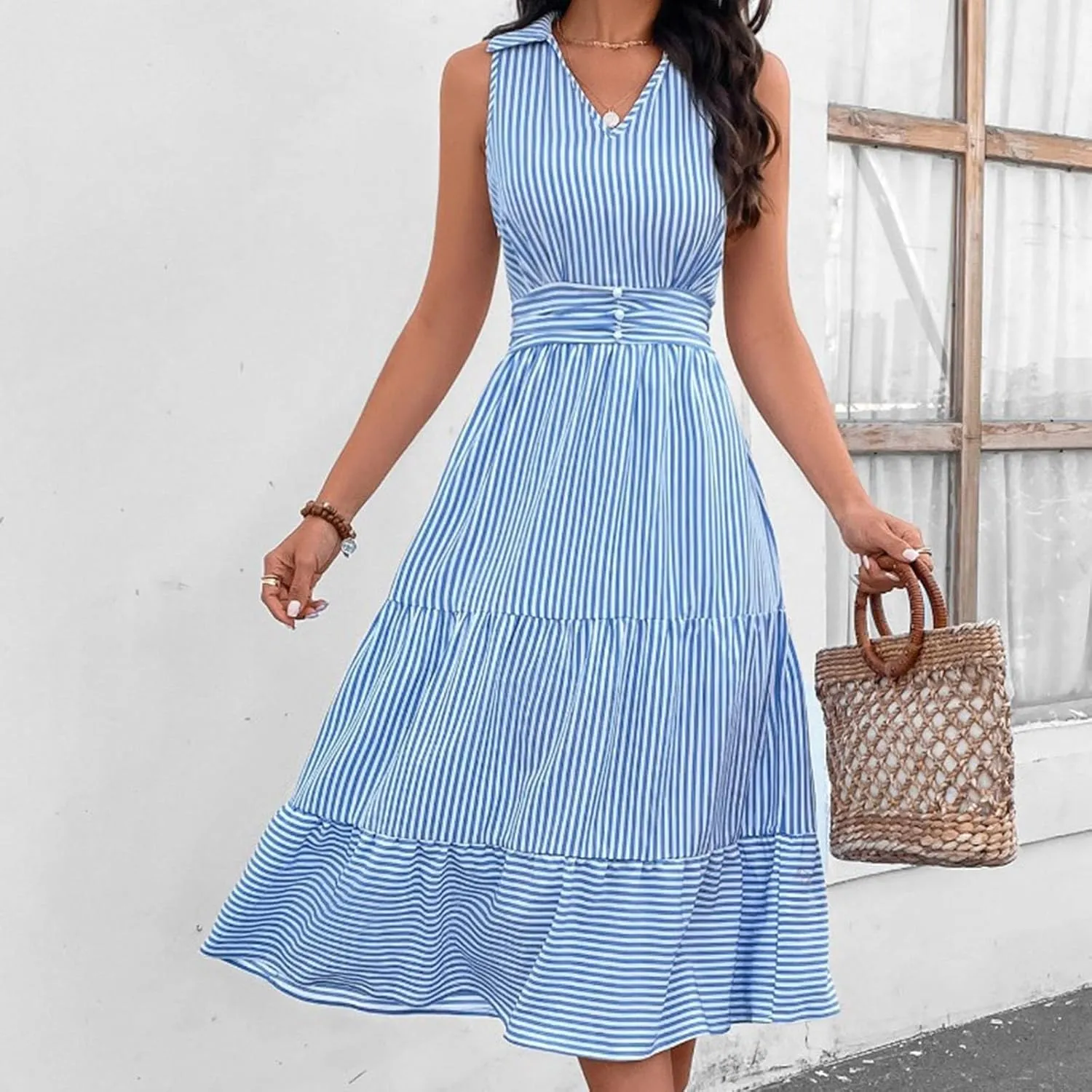 Lastesso Dresses for Women 2024 Casual V Neck Sleeveless Maxi Dress Striped High Waist Summer Dress Cute Wedding Guest Dress