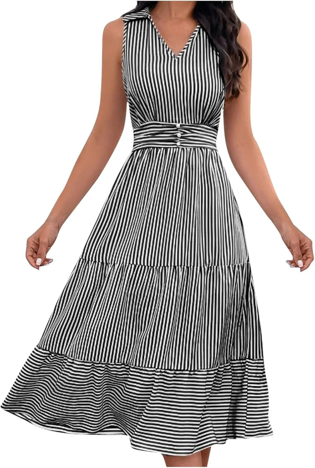 Lastesso Dresses for Women 2024 Casual V Neck Sleeveless Maxi Dress Striped High Waist Summer Dress Cute Wedding Guest Dress
