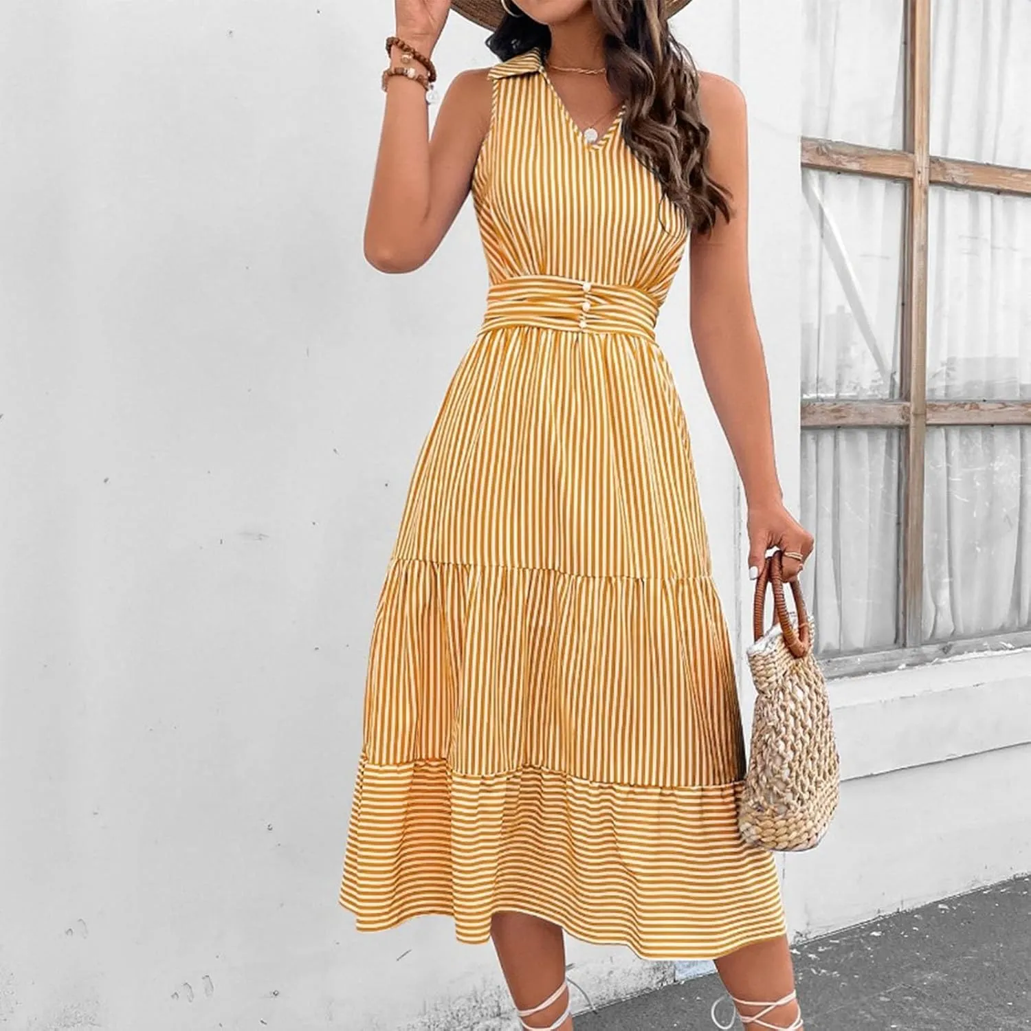 Lastesso Dresses for Women 2024 Casual V Neck Sleeveless Maxi Dress Striped High Waist Summer Dress Cute Wedding Guest Dress
