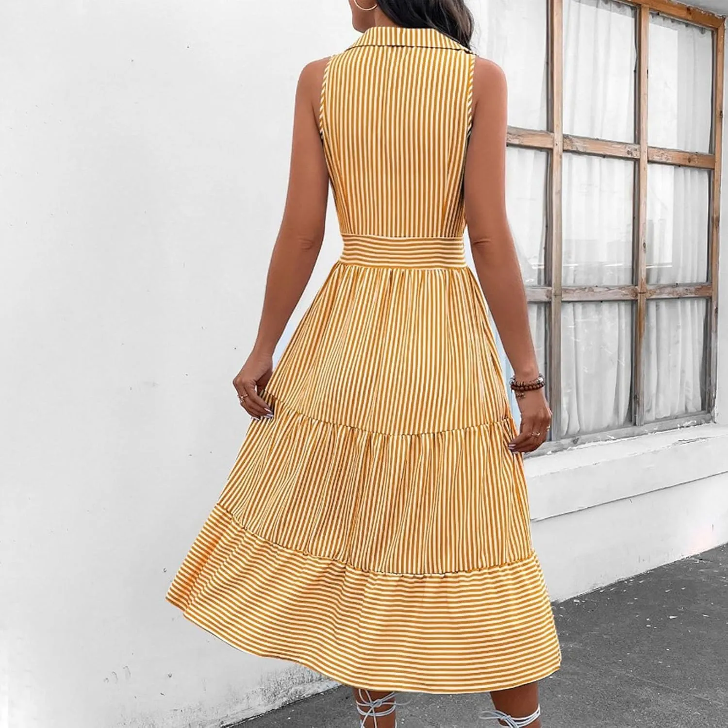 Lastesso Dresses for Women 2024 Casual V Neck Sleeveless Maxi Dress Striped High Waist Summer Dress Cute Wedding Guest Dress