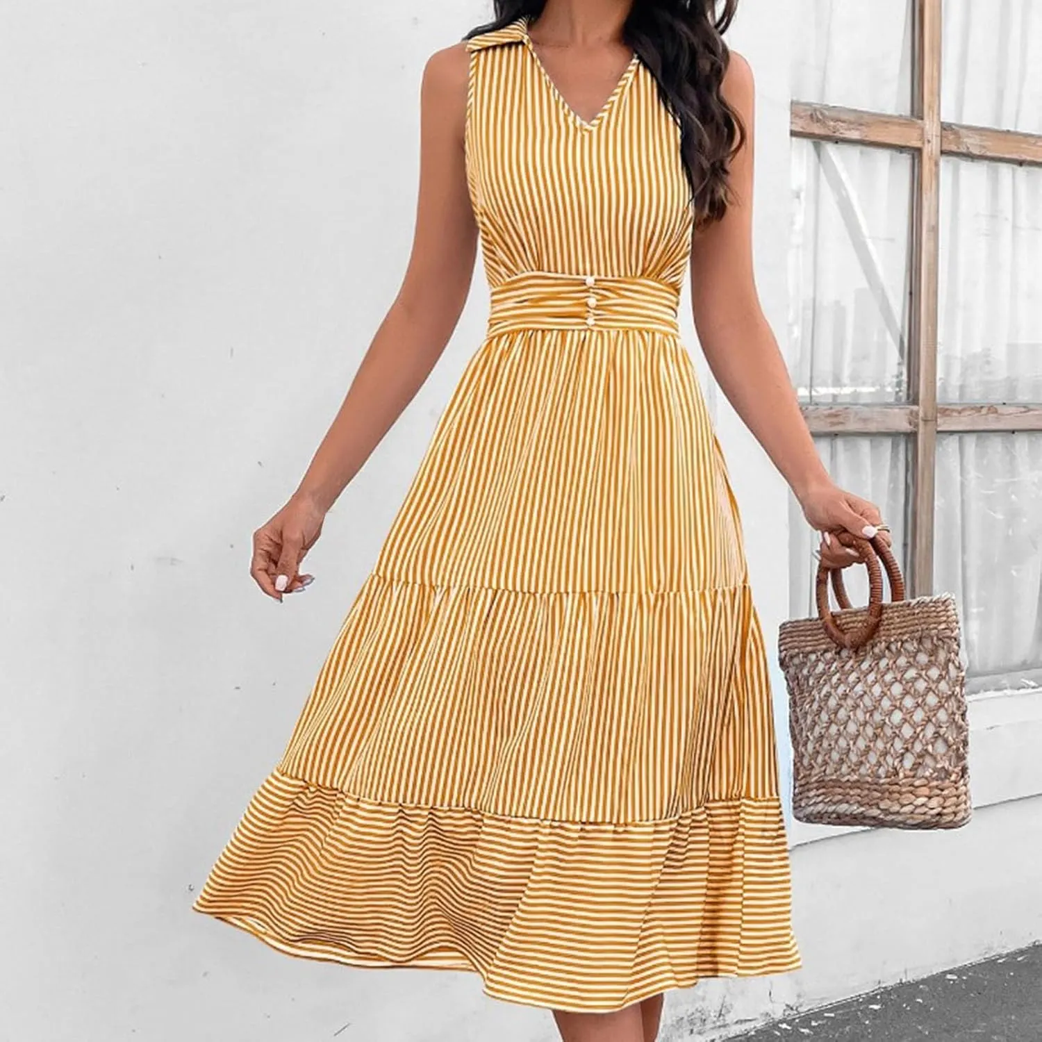 Lastesso Dresses for Women 2024 Casual V Neck Sleeveless Maxi Dress Striped High Waist Summer Dress Cute Wedding Guest Dress