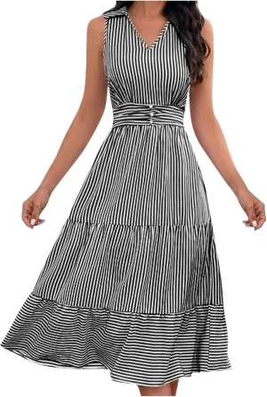 Lastesso Dresses for Women 2024 Casual V Neck Sleeveless Maxi Dress Striped High Waist Summer Dress Cute Wedding Guest Dress