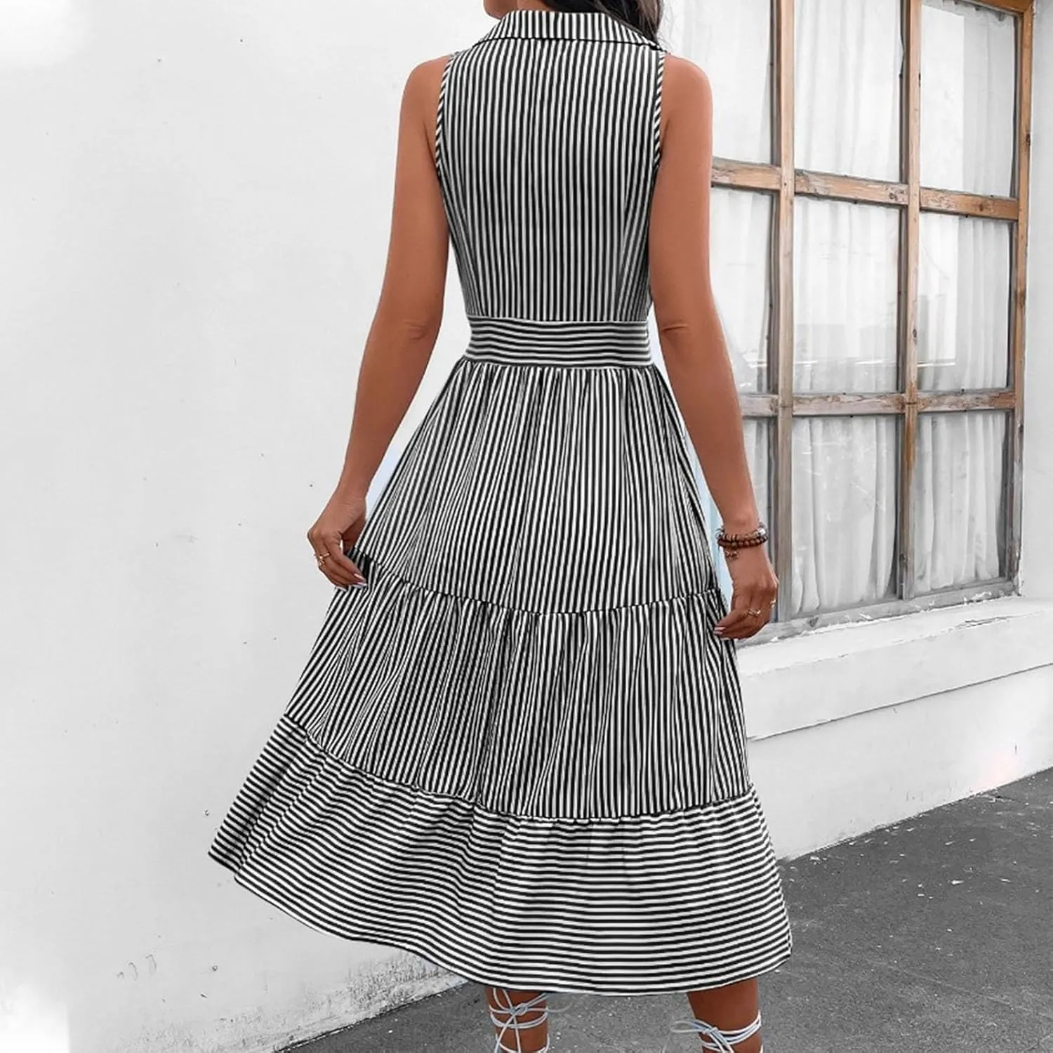 Lastesso Dresses for Women 2024 Casual V Neck Sleeveless Maxi Dress Striped High Waist Summer Dress Cute Wedding Guest Dress