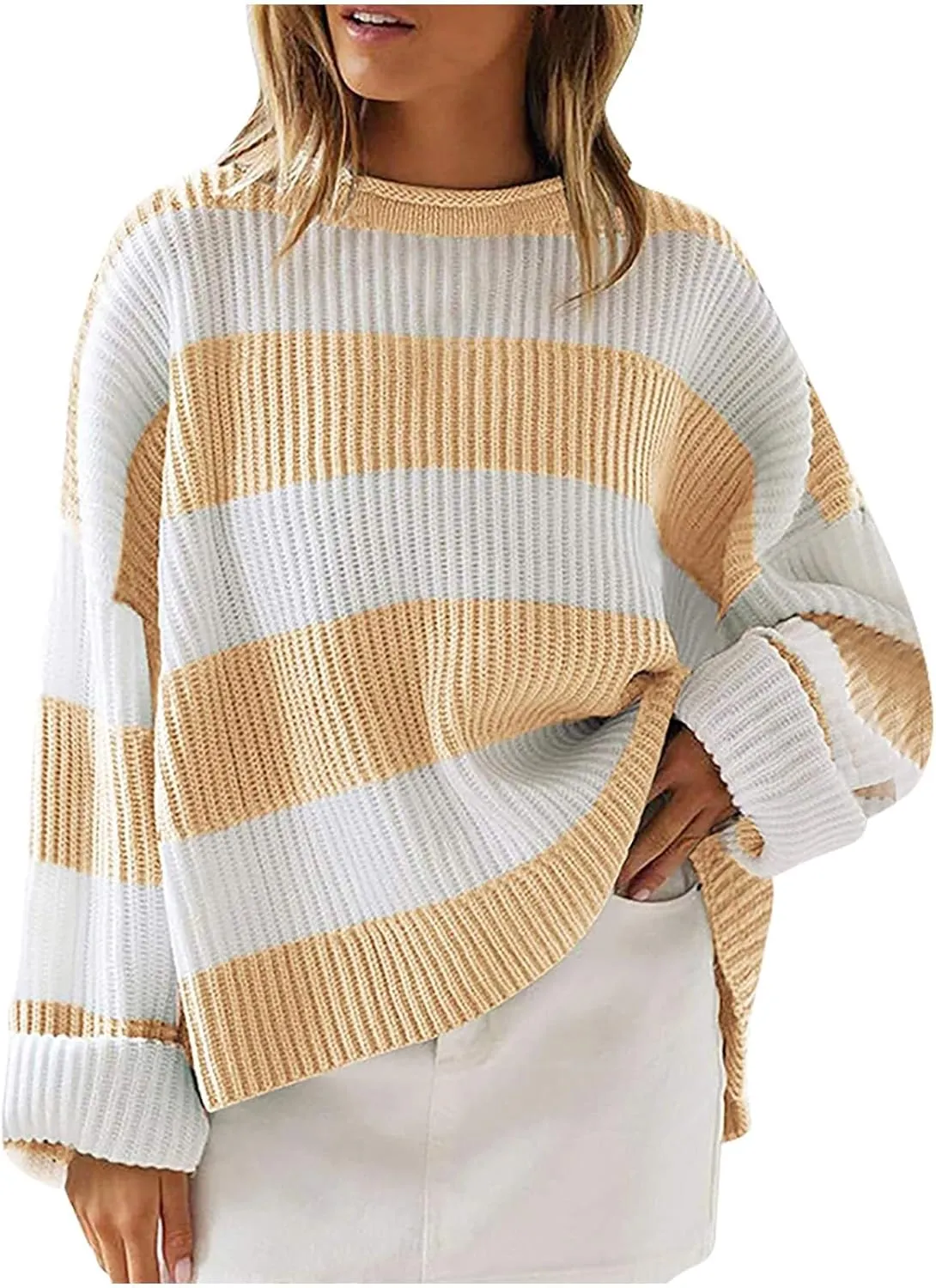 Lastesso Fall Sweaters for Women 2024 Lightweight Cable Knit Preppy Tops Long Sleeve Color Block Sweater Basics Knit Tops