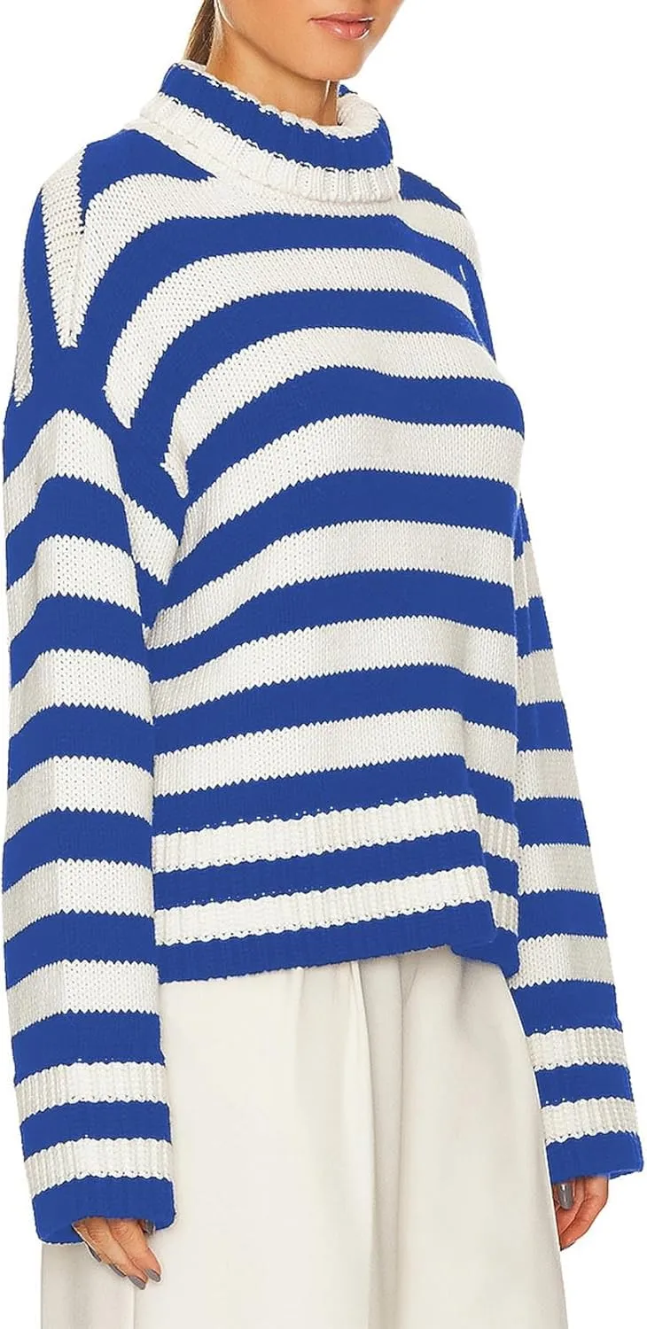 Lastesso Fall Sweaters for Women Striped Color Block Crochet Turtleneck Sweater Oversized Drop Shoulder Long Sleeve Outfits