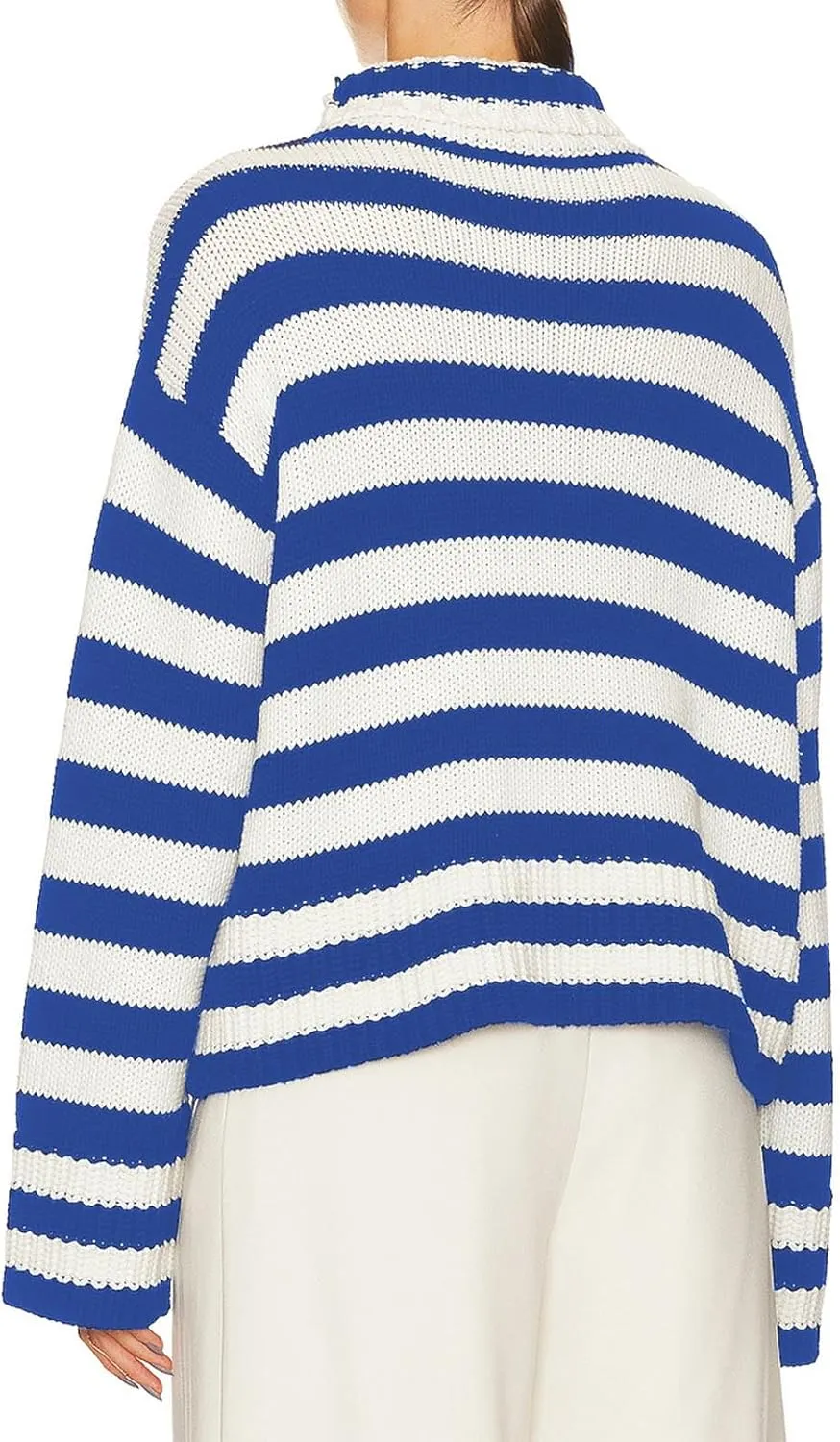 Lastesso Fall Sweaters for Women Striped Color Block Crochet Turtleneck Sweater Oversized Drop Shoulder Long Sleeve Outfits