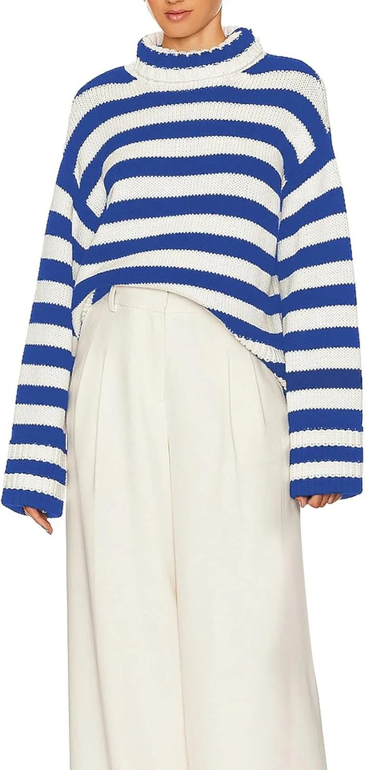 Lastesso Fall Sweaters for Women Striped Color Block Crochet Turtleneck Sweater Oversized Drop Shoulder Long Sleeve Outfits