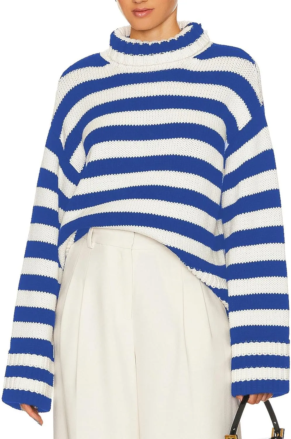 Lastesso Fall Sweaters for Women Striped Color Block Crochet Turtleneck Sweater Oversized Drop Shoulder Long Sleeve Outfits