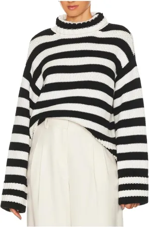 Lastesso Fall Sweaters for Women Striped Color Block Crochet Turtleneck Sweater Oversized Drop Shoulder Long Sleeve Outfits