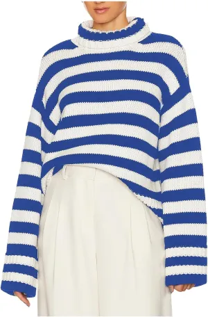 Lastesso Fall Sweaters for Women Striped Color Block Crochet Turtleneck Sweater Oversized Drop Shoulder Long Sleeve Outfits