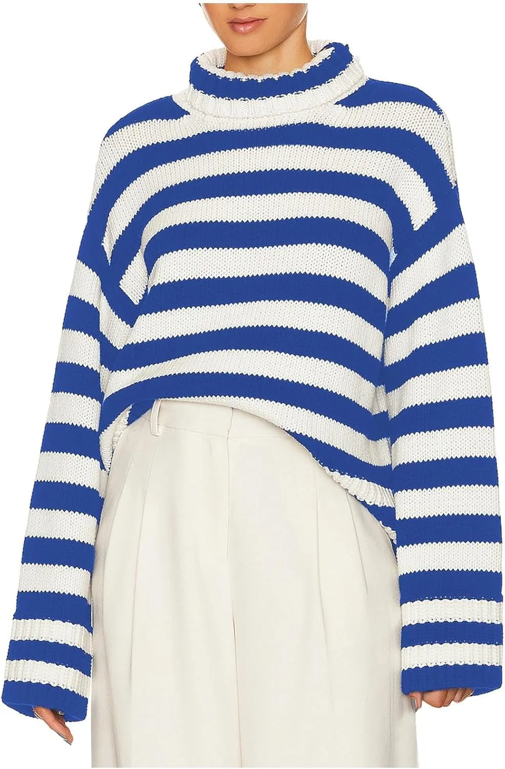 Lastesso Fall Sweaters for Women Striped Color Block Crochet Turtleneck Sweater Oversized Drop Shoulder Long Sleeve Outfits
