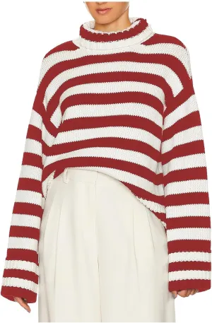 Lastesso Fall Sweaters for Women Striped Color Block Crochet Turtleneck Sweater Oversized Drop Shoulder Long Sleeve Outfits