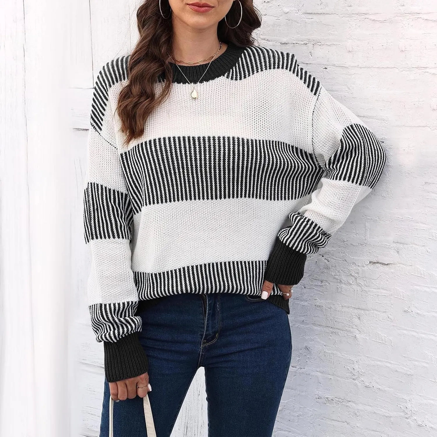 Lastesso Fall Winter Sweaters for Women Color Block Knit Long Sleeve Pullover Sweater Cozy Crewneck Chunky Outwear Clothes