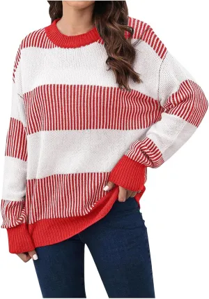 Lastesso Fall Winter Sweaters for Women Color Block Knit Long Sleeve Pullover Sweater Cozy Crewneck Chunky Outwear Clothes