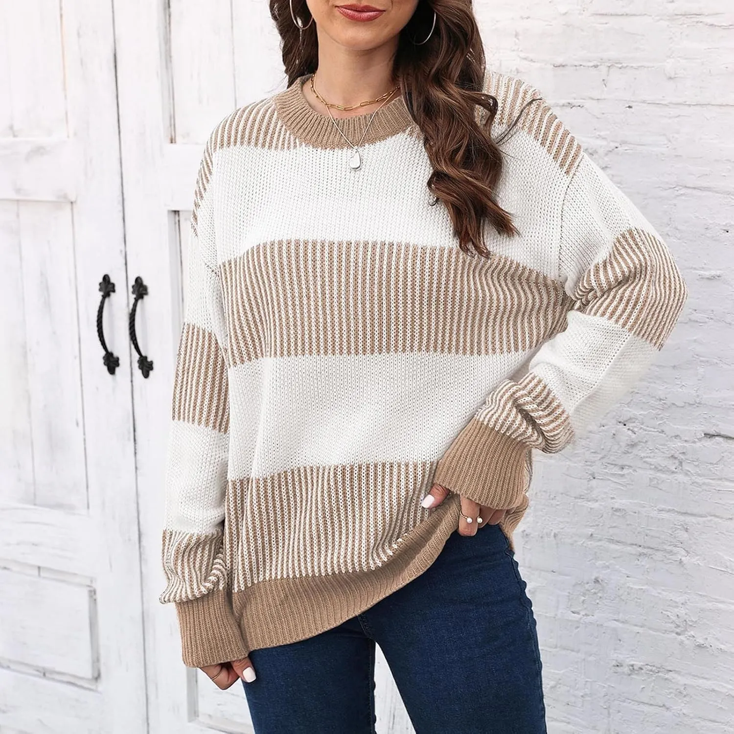 Lastesso Fall Winter Sweaters for Women Color Block Knit Long Sleeve Pullover Sweater Cozy Crewneck Chunky Outwear Clothes