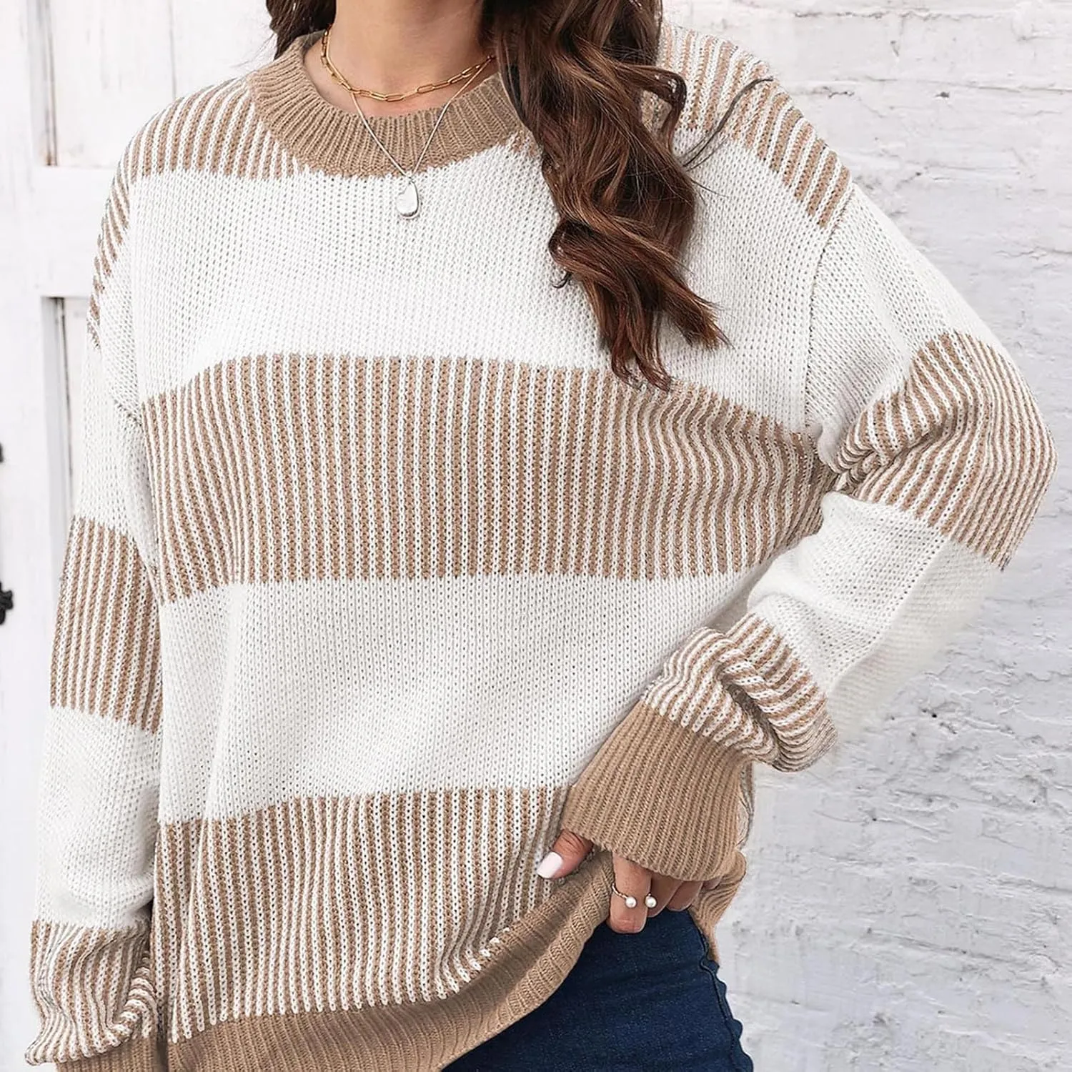 Lastesso Fall Winter Sweaters for Women Color Block Knit Long Sleeve Pullover Sweater Cozy Crewneck Chunky Outwear Clothes