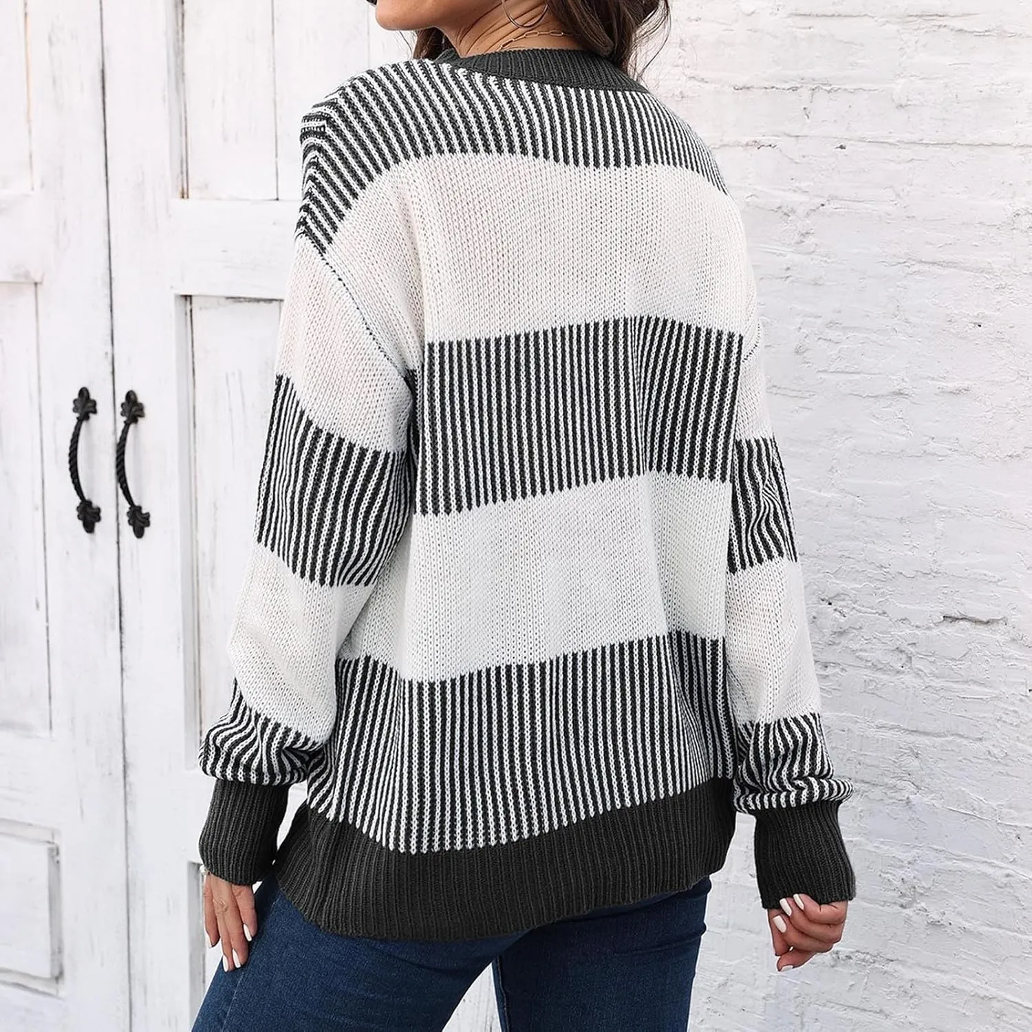 Lastesso Fall Winter Sweaters for Women Color Block Knit Long Sleeve Pullover Sweater Cozy Crewneck Chunky Outwear Clothes