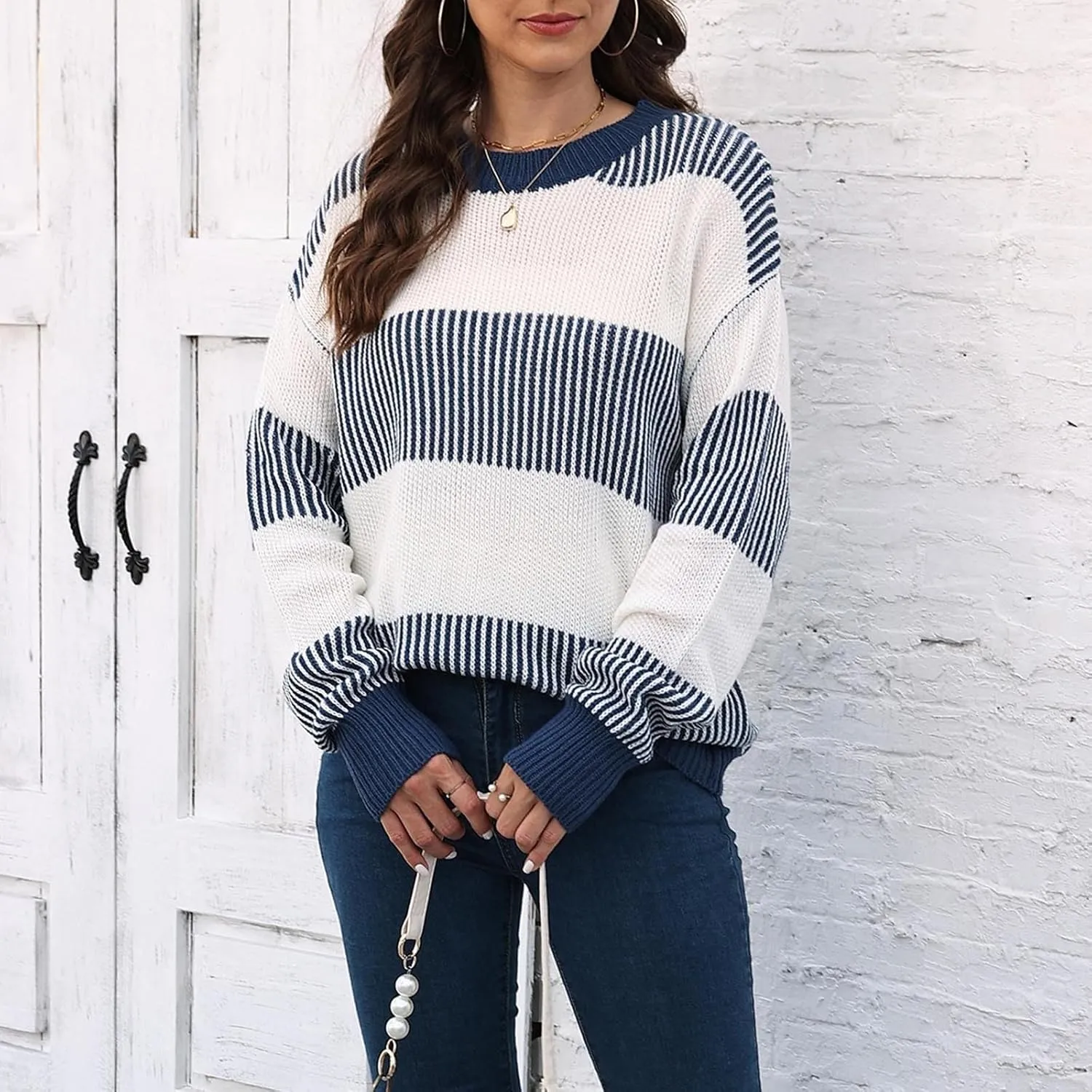 Lastesso Fall Winter Sweaters for Women Color Block Knit Long Sleeve Pullover Sweater Cozy Crewneck Chunky Outwear Clothes