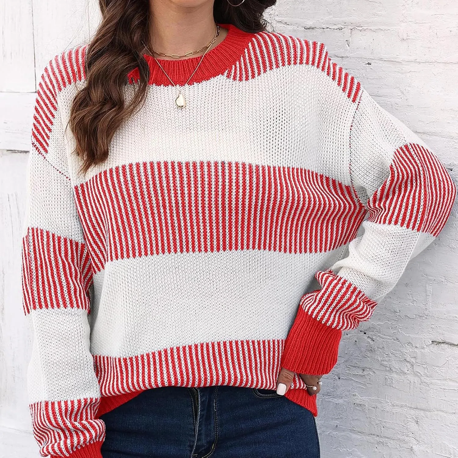 Lastesso Fall Winter Sweaters for Women Color Block Knit Long Sleeve Pullover Sweater Cozy Crewneck Chunky Outwear Clothes