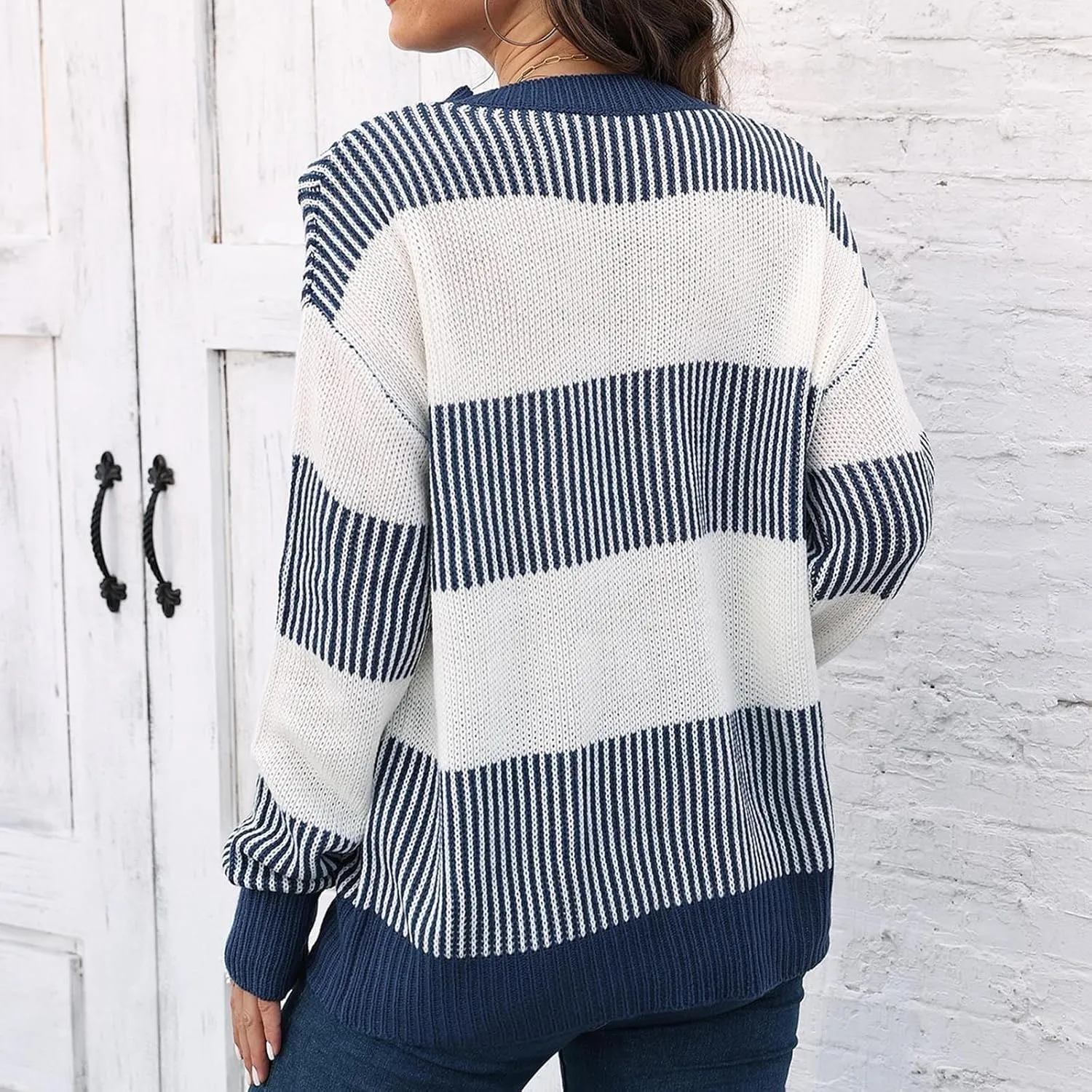Lastesso Fall Winter Sweaters for Women Color Block Knit Long Sleeve Pullover Sweater Cozy Crewneck Chunky Outwear Clothes