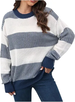 Lastesso Fall Winter Sweaters for Women Color Block Knit Long Sleeve Pullover Sweater Cozy Crewneck Chunky Outwear Clothes