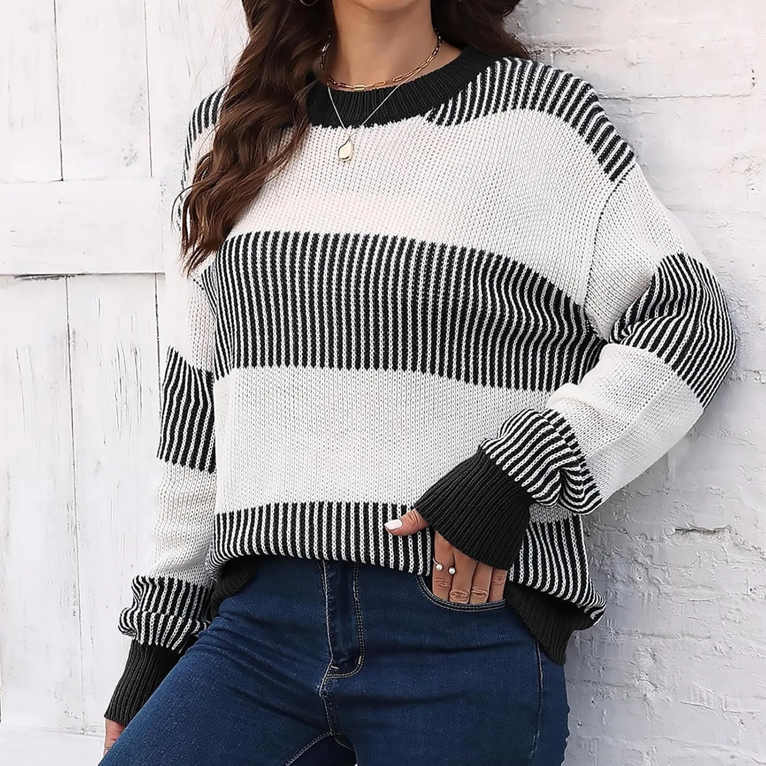 Lastesso Fall Winter Sweaters for Women Color Block Knit Long Sleeve Pullover Sweater Cozy Crewneck Chunky Outwear Clothes