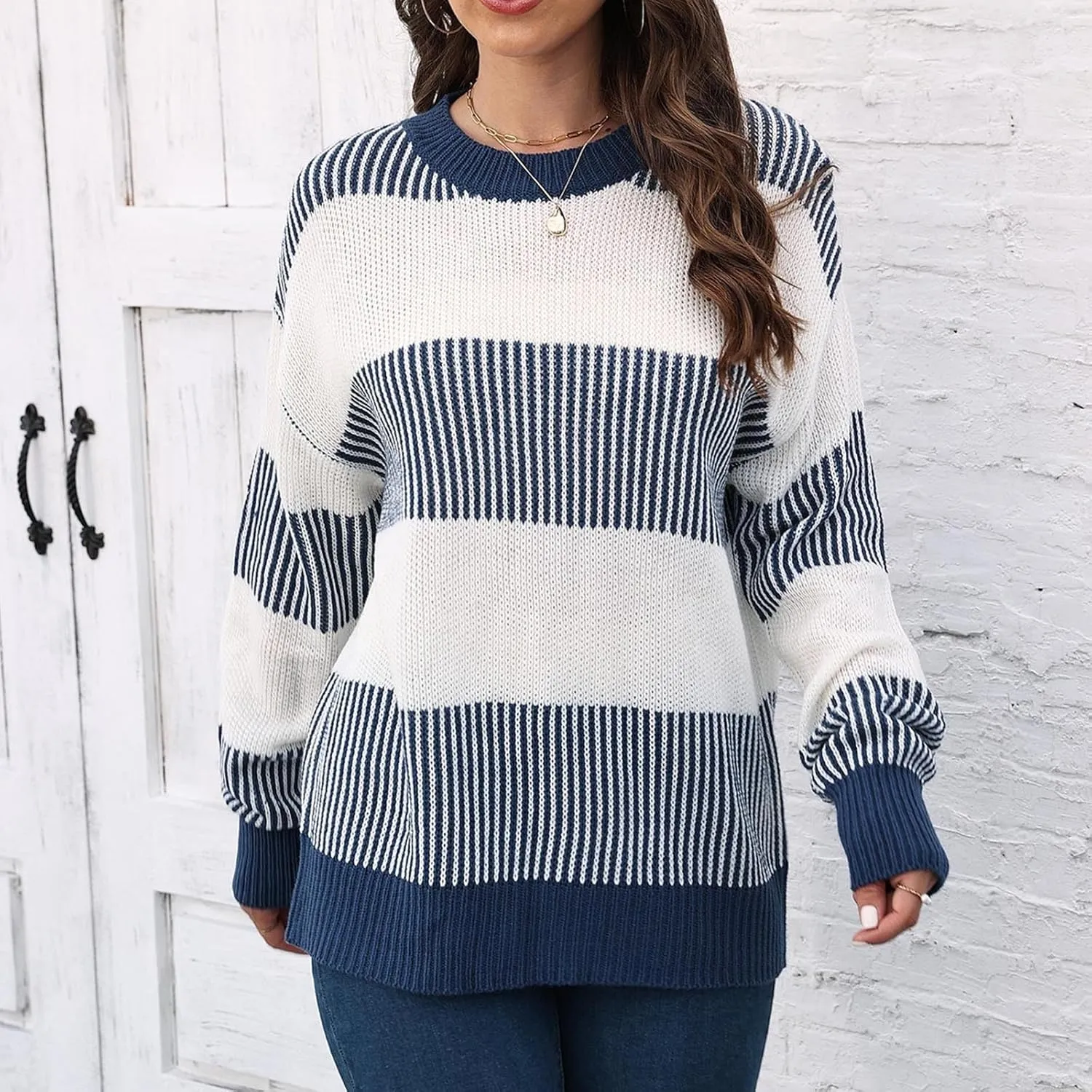 Lastesso Fall Winter Sweaters for Women Color Block Knit Long Sleeve Pullover Sweater Cozy Crewneck Chunky Outwear Clothes