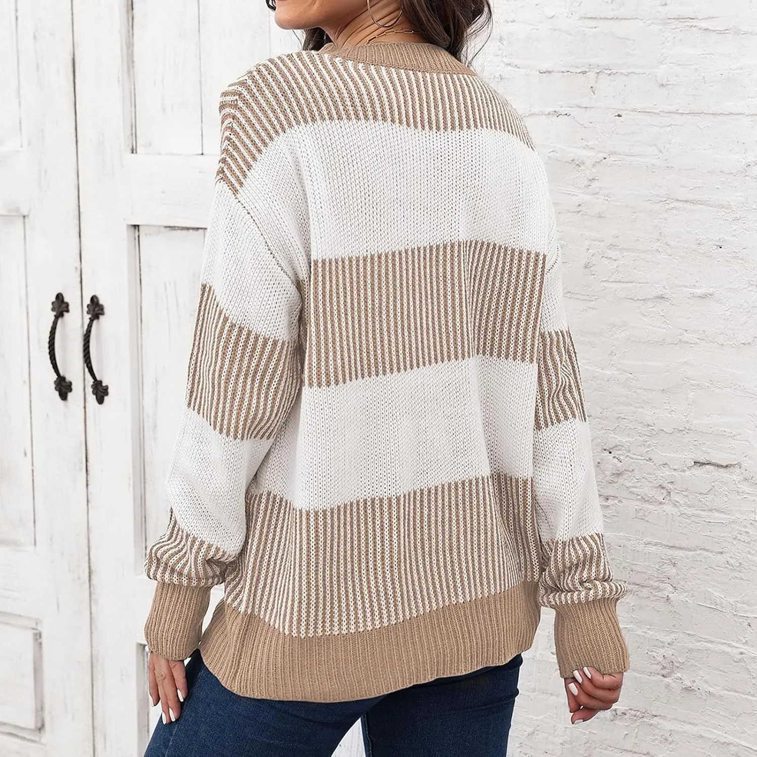 Lastesso Fall Winter Sweaters for Women Color Block Knit Long Sleeve Pullover Sweater Cozy Crewneck Chunky Outwear Clothes