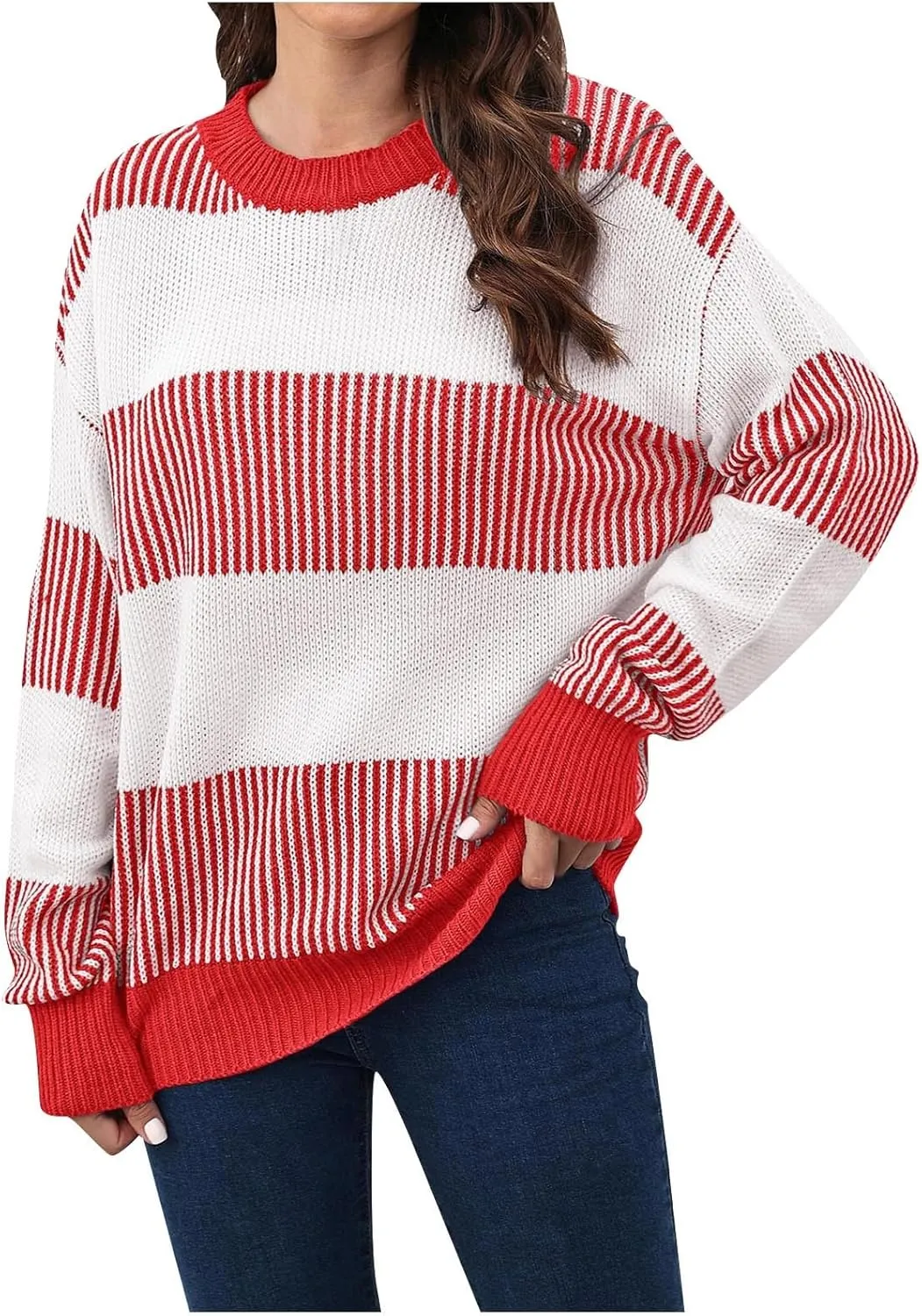 Lastesso Fall Winter Sweaters for Women Color Block Knit Long Sleeve Pullover Sweater Cozy Crewneck Chunky Outwear Clothes