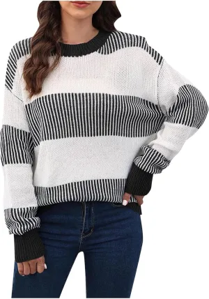 Lastesso Fall Winter Sweaters for Women Color Block Knit Long Sleeve Pullover Sweater Cozy Crewneck Chunky Outwear Clothes