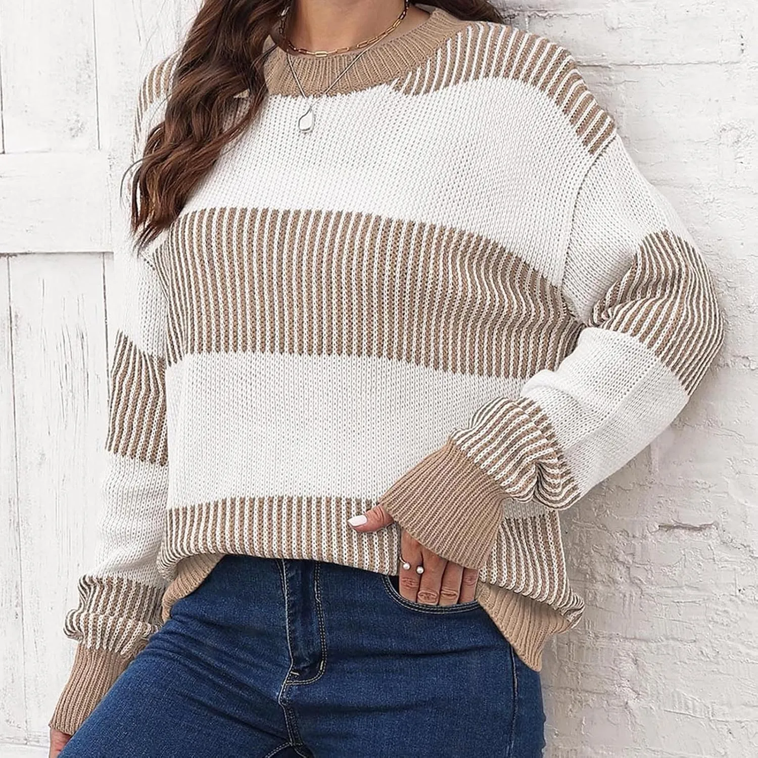 Lastesso Fall Winter Sweaters for Women Color Block Knit Long Sleeve Pullover Sweater Cozy Crewneck Chunky Outwear Clothes