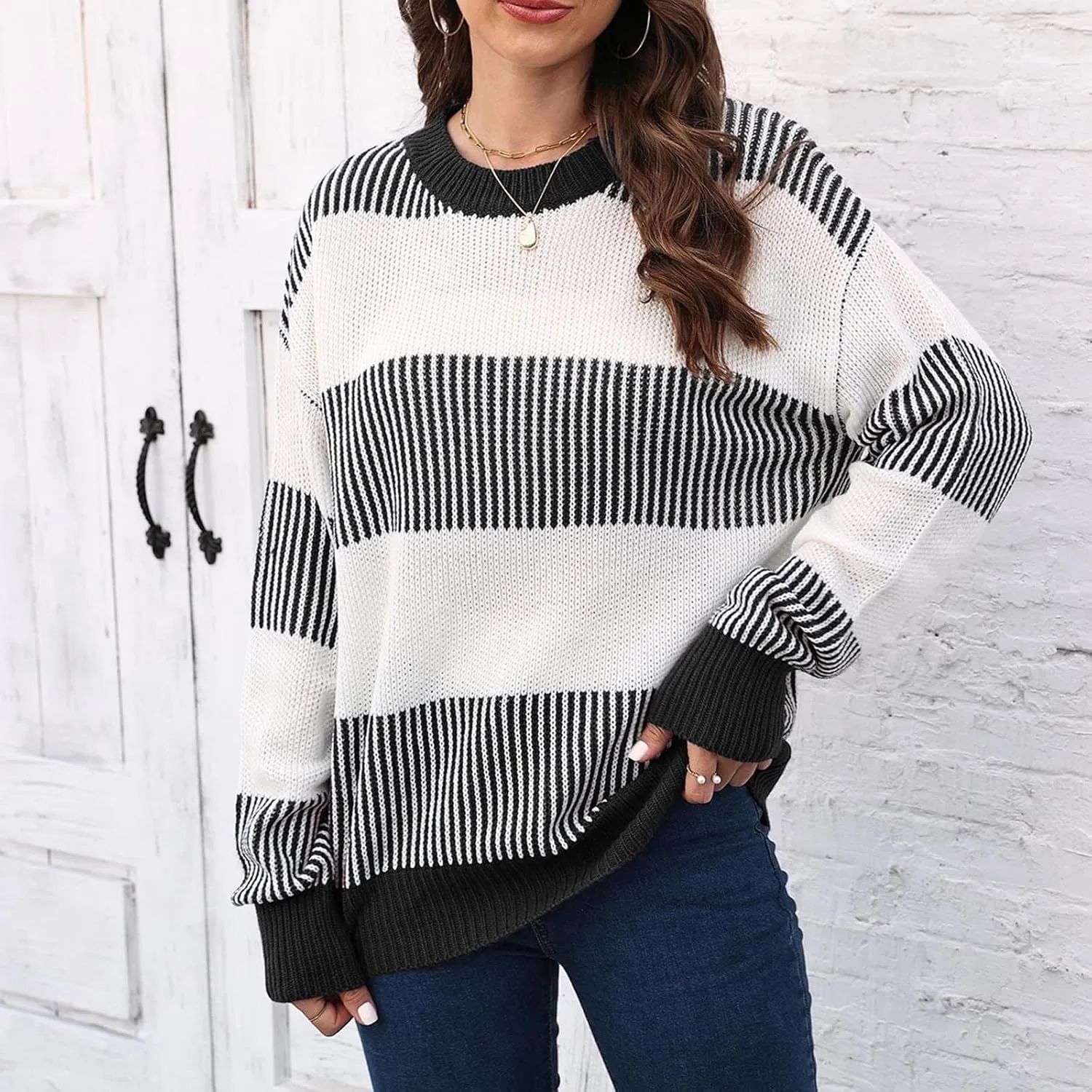 Lastesso Fall Winter Sweaters for Women Color Block Knit Long Sleeve Pullover Sweater Cozy Crewneck Chunky Outwear Clothes