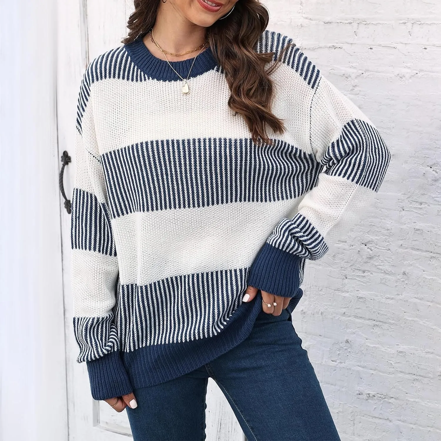 Lastesso Fall Winter Sweaters for Women Color Block Knit Long Sleeve Pullover Sweater Cozy Crewneck Chunky Outwear Clothes