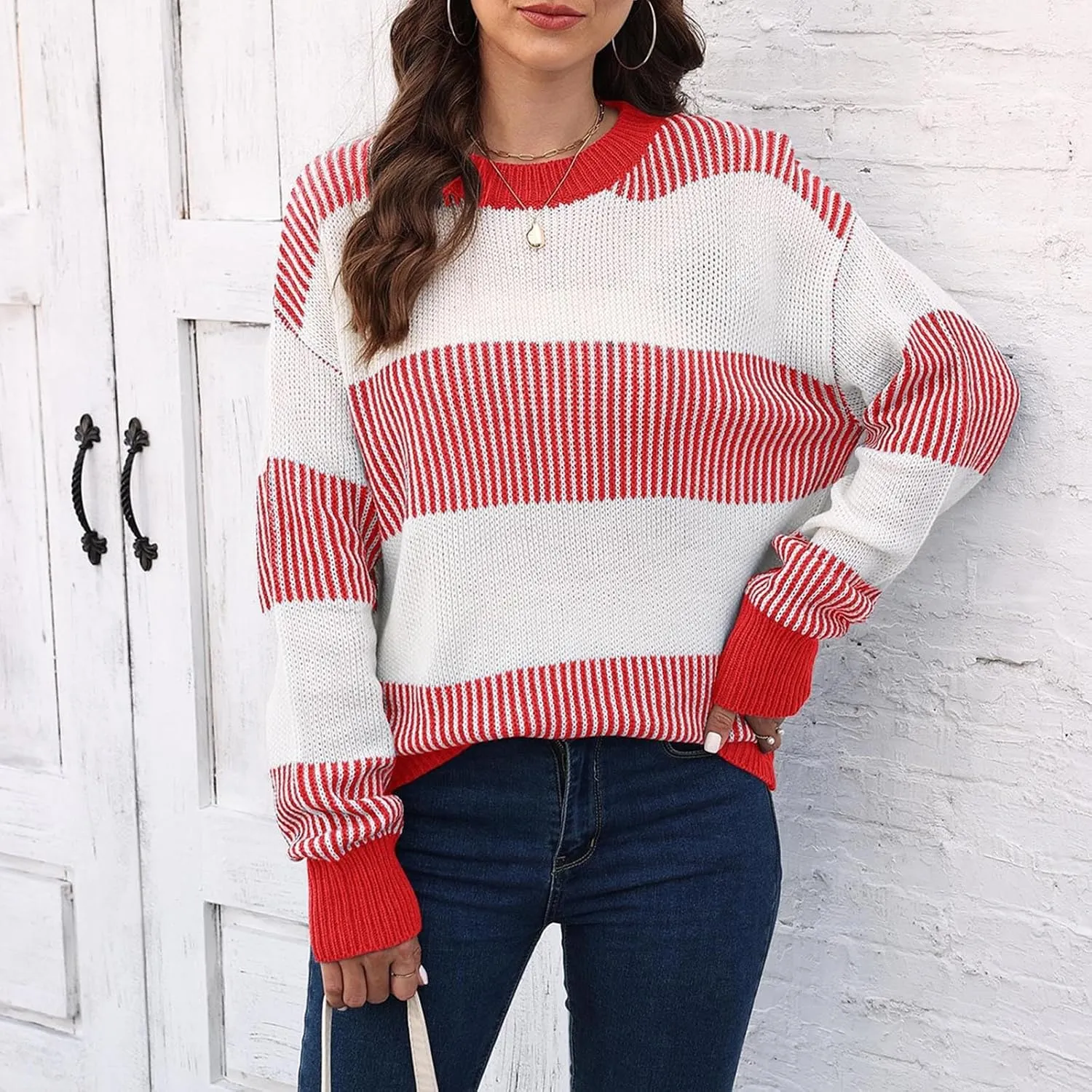 Lastesso Fall Winter Sweaters for Women Color Block Knit Long Sleeve Pullover Sweater Cozy Crewneck Chunky Outwear Clothes