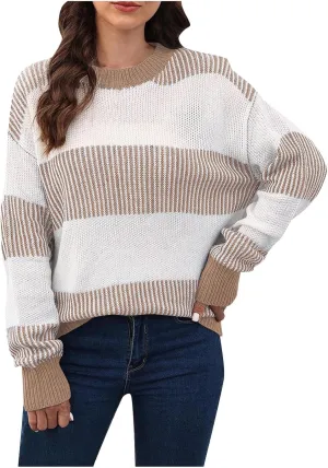 Lastesso Fall Winter Sweaters for Women Color Block Knit Long Sleeve Pullover Sweater Cozy Crewneck Chunky Outwear Clothes