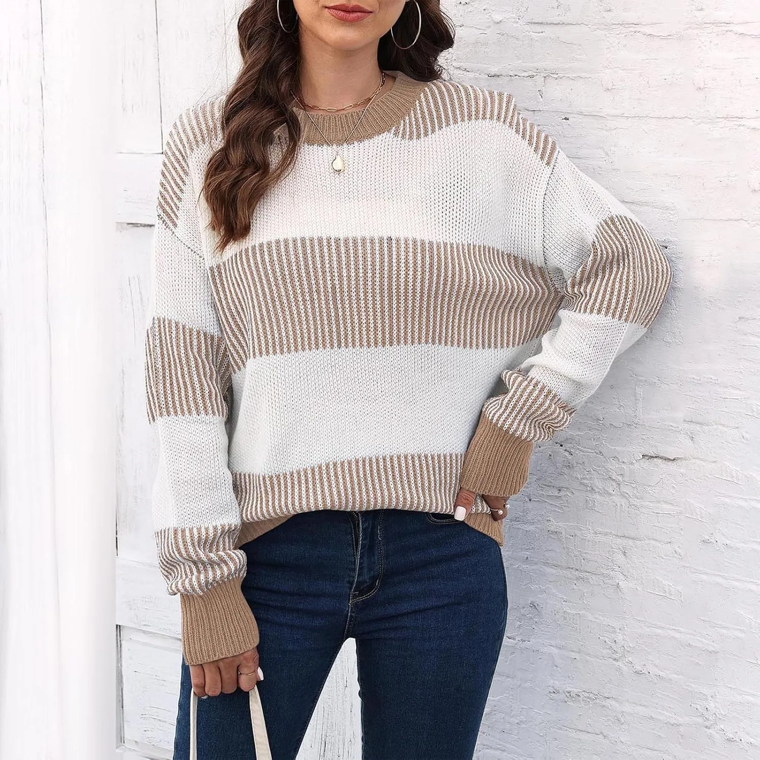 Lastesso Fall Winter Sweaters for Women Color Block Knit Long Sleeve Pullover Sweater Cozy Crewneck Chunky Outwear Clothes