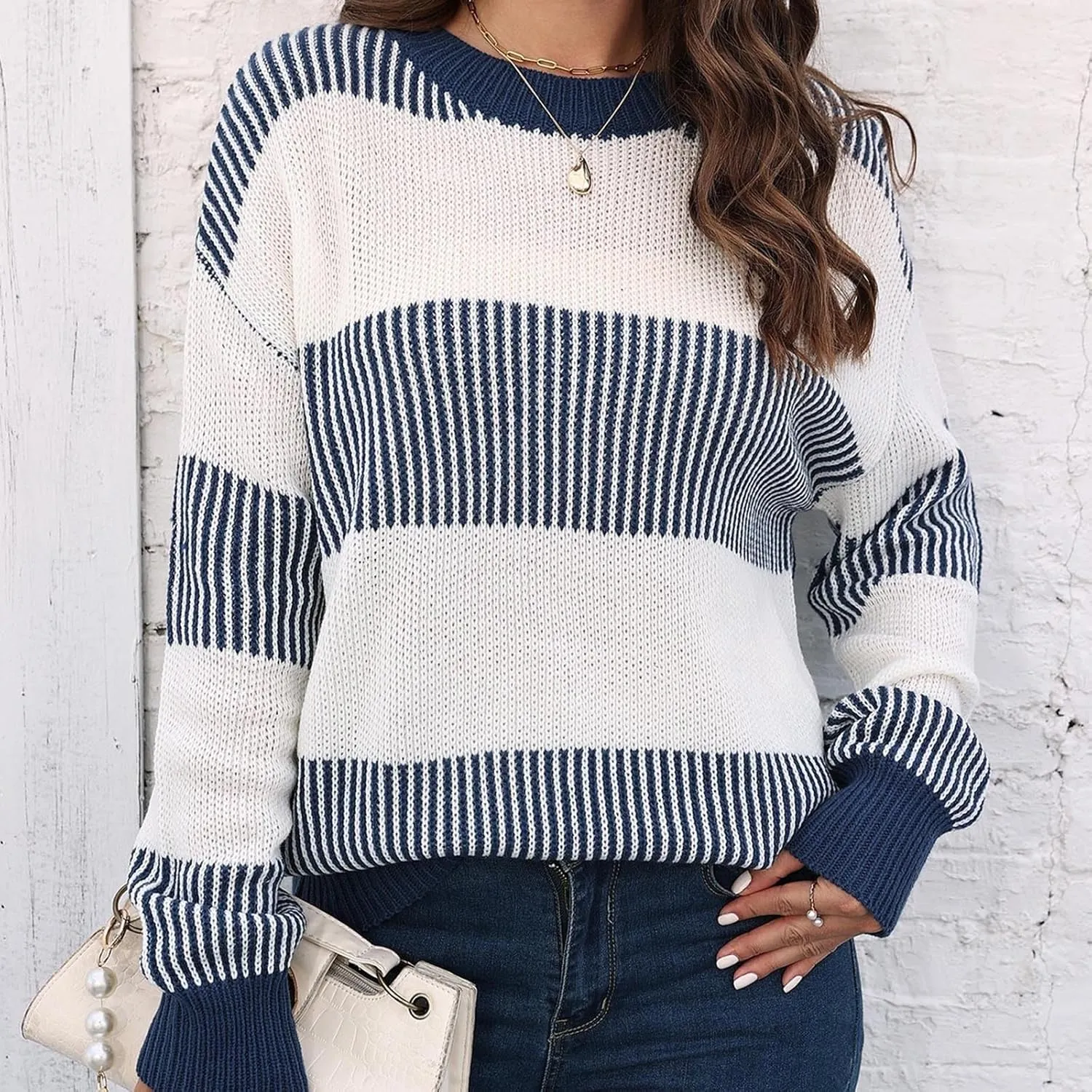 Lastesso Fall Winter Sweaters for Women Color Block Knit Long Sleeve Pullover Sweater Cozy Crewneck Chunky Outwear Clothes