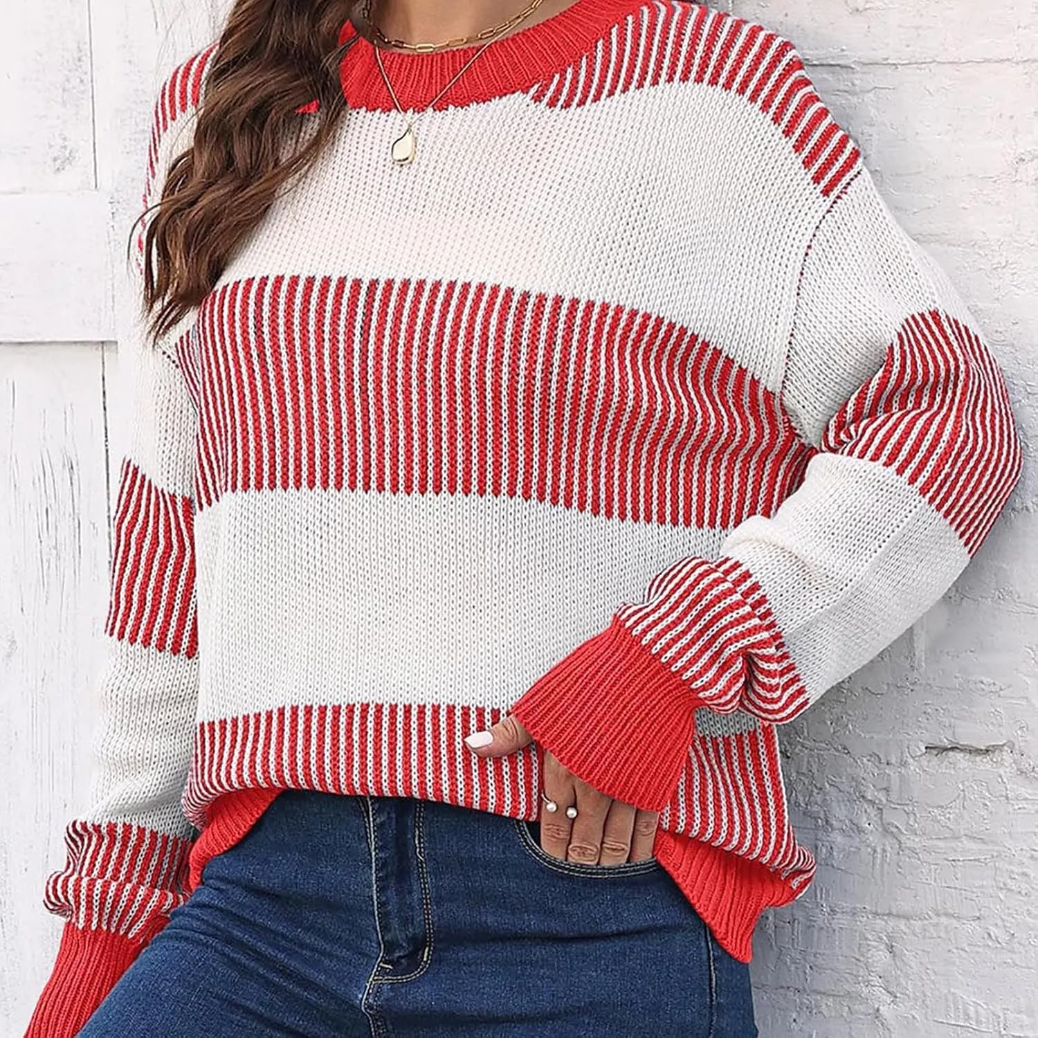 Lastesso Fall Winter Sweaters for Women Color Block Knit Long Sleeve Pullover Sweater Cozy Crewneck Chunky Outwear Clothes