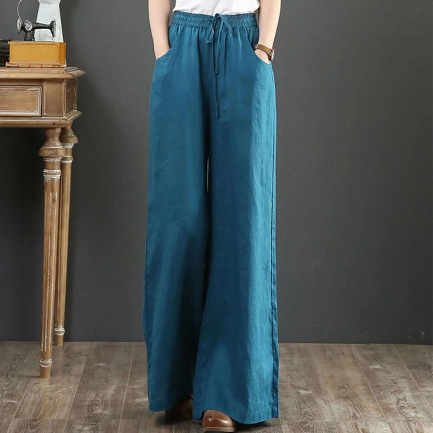 Lastesso Linen Pants Women Plus Size Elastic Waistband Straight Palazzo Flowy Trousers Comfy Summer Cotton Hawaiian Outfits